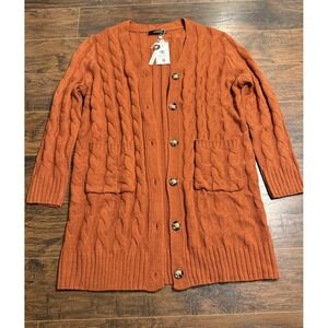 MEROKEETY Rust Cable KnitCardigan XXL Chunky Button Pocket Sweater NWT